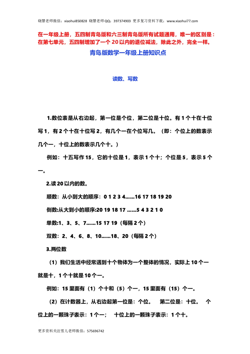 一（上）青岛版数学重点知识点_小学1-6年级全部试卷_数学_一年级_3-6-3、小学一年级数学上册_3-6-3-1、复习、知识点、归纳汇总_青岛版