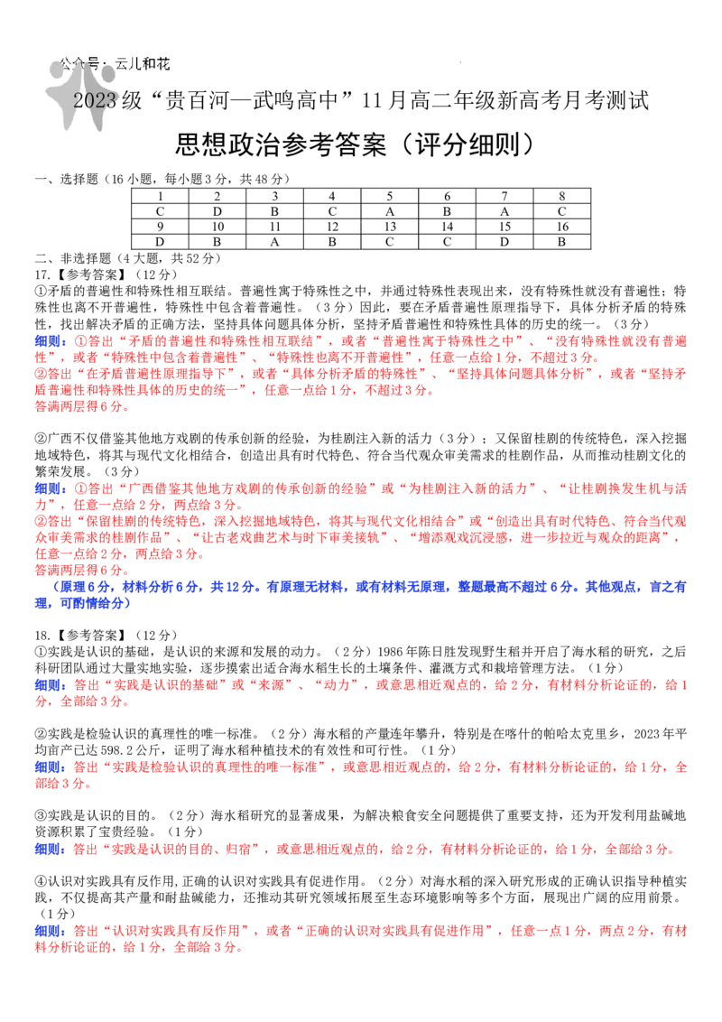 （政治评分细则）2023级&ldquo;贵百河&mdash;武鸣高中&rdquo;11月高二月考参考答案_2024-2025高二（7-7月题库）_2024年12月试卷_1207广西&ldquo;贵百河&mdash;武鸣高中&rdquo;2024-2025学年高二上学期11月期中考试