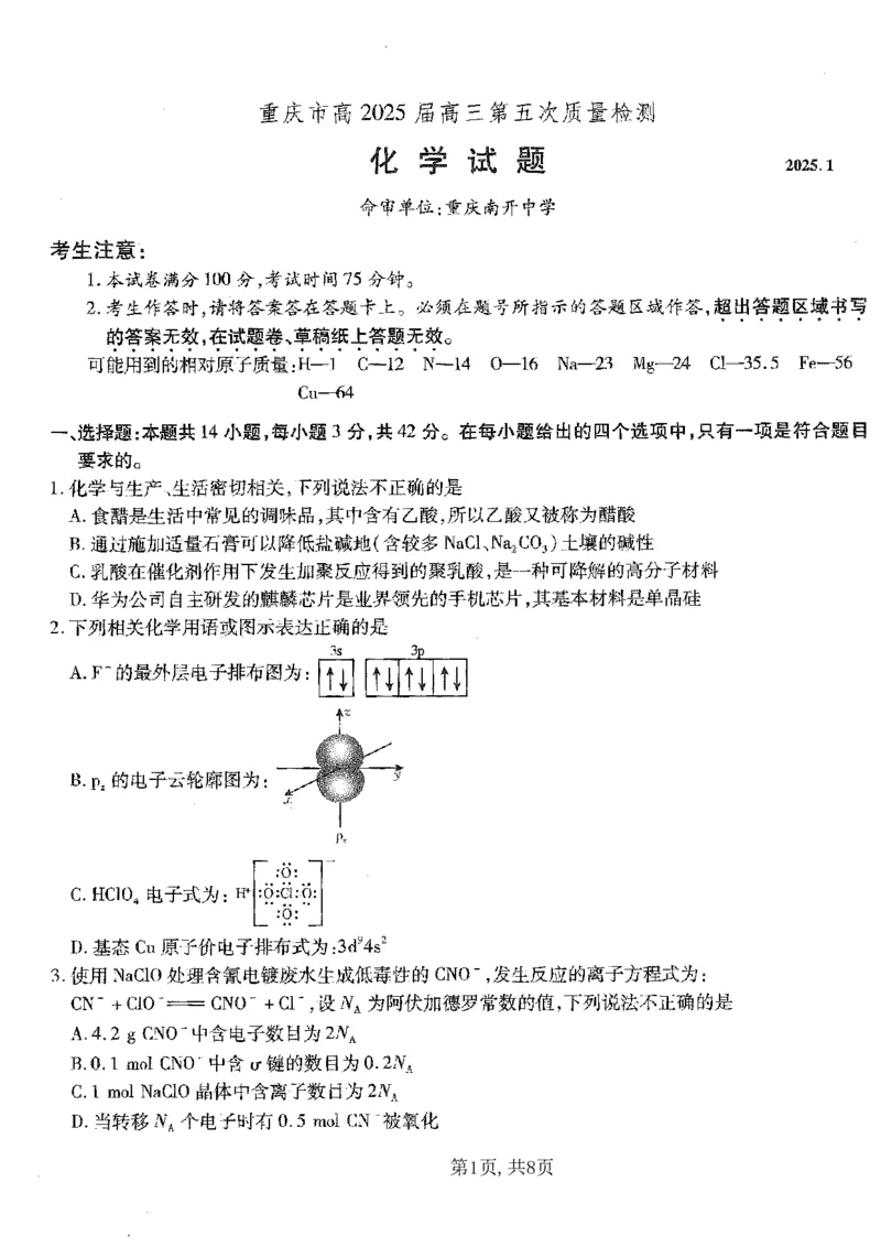 重庆市南开中学高2025届高三第五次质量检测化学_2024-2025高三（6-6月题库）_2025年01月试卷_0107重庆市南开中学高2025届高三第五次质量检测（全科）