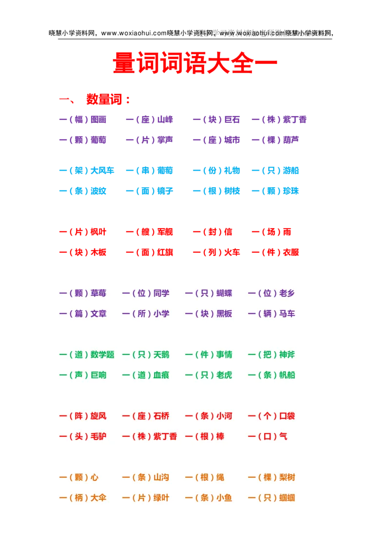 一年级上册下册-小学量词词语搭配汇总_小学1-6年级全部试卷_语文_一年级_3-6-1、小学一年级语文上册_3-6-1-1、复习、知识点、归纳汇总_通用