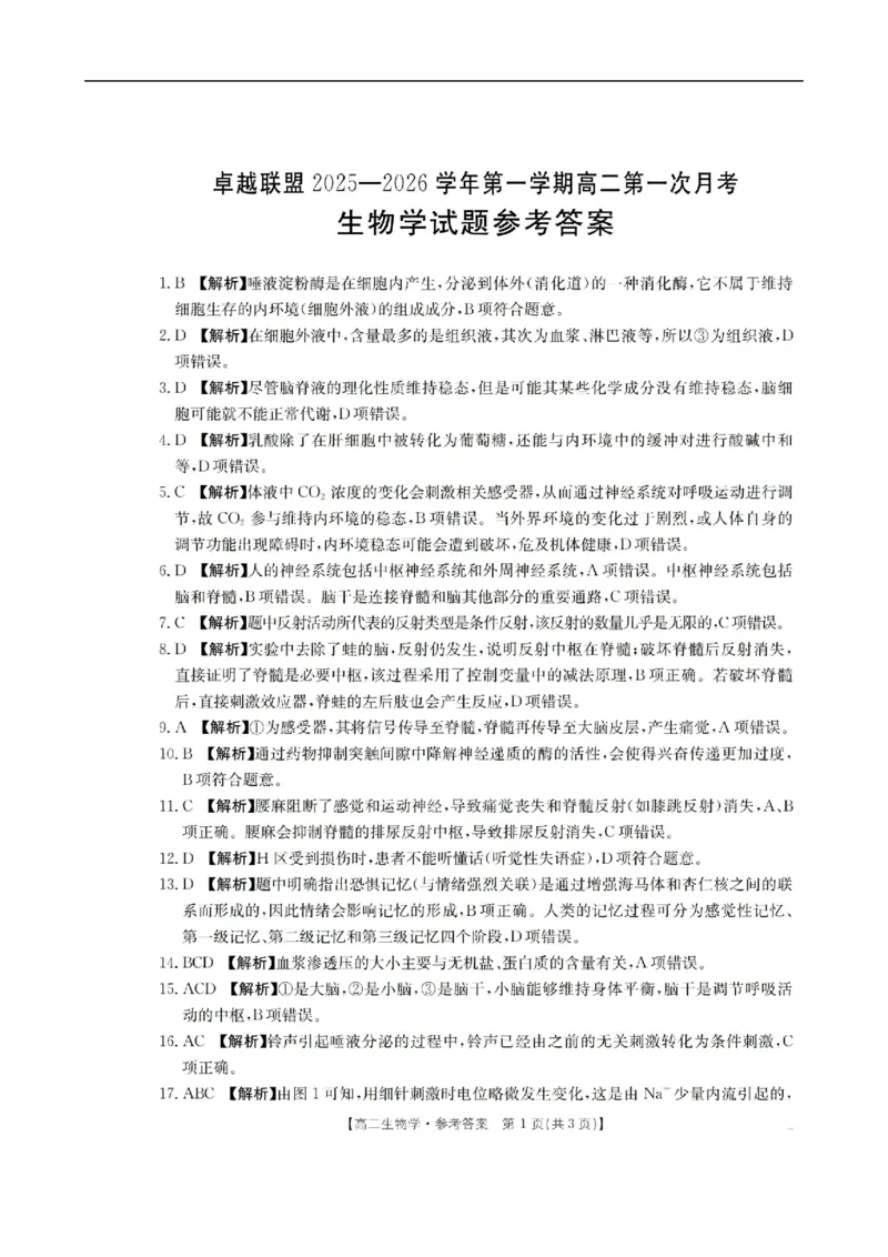 高二生物答案_2025年10月高二试卷_251027河北省邢台市卓越联盟2025-2026学年高二上学期10月月考（全）_河北省邢台市卓越联盟2025-2026学年高二上学期10月月考生物试题（扫描版，有解析）