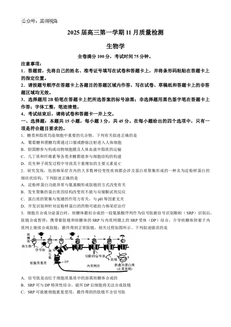 河南省部分重点中学2024-2025学年高三上学期11月质量检测生物试题（含解析）_2024-2025高三（6-6月题库）_2024年11月试卷_1127河南省部分示范性高中2024-2025学年高三上学期11月期中质量检测