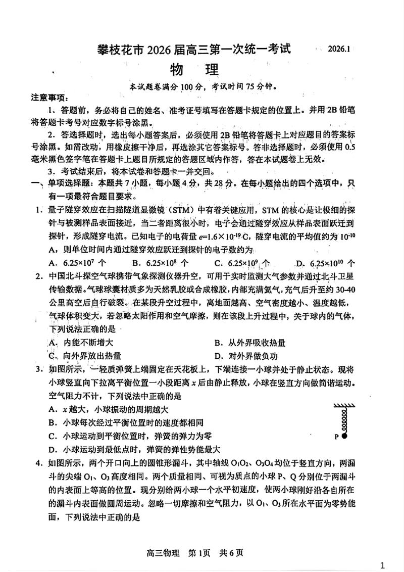 攀枝花市2026届高三第一次统一考试物理_2024-2026高三（6-6月题库）_2026年01月高三试卷_0123四川省攀枝花市2026届高三第一次统一考试（攀枝花一统）