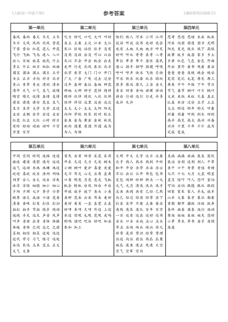 参考答案_生字扩词(看拼音写词语)_人教版一年级下册（新）_小学1-6年级全部试卷_语文_一年级_3-6-2、小学一年级语文下册_3-6-2-2、练习题、作业、试题、试卷_人教版