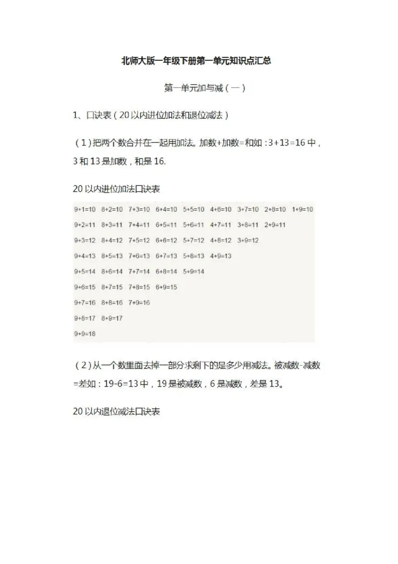 北师大数学一年级下册知识汇总_小学1-6年级全部试卷_数学_一年级_3-6-4、小学一年级数学下册_3-6-4-1、复习、知识点、归纳汇总_北师大版
