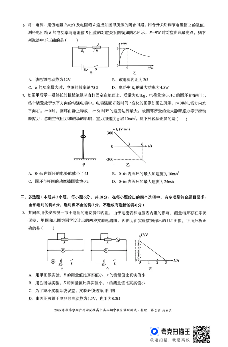 广西示范性高中2025-2026学年高二上学期期中联合调研测试物理试卷无答案_2025年11月高二试卷_251127广西示范性高中2025-2026学年高二上学期期中联合调研测试