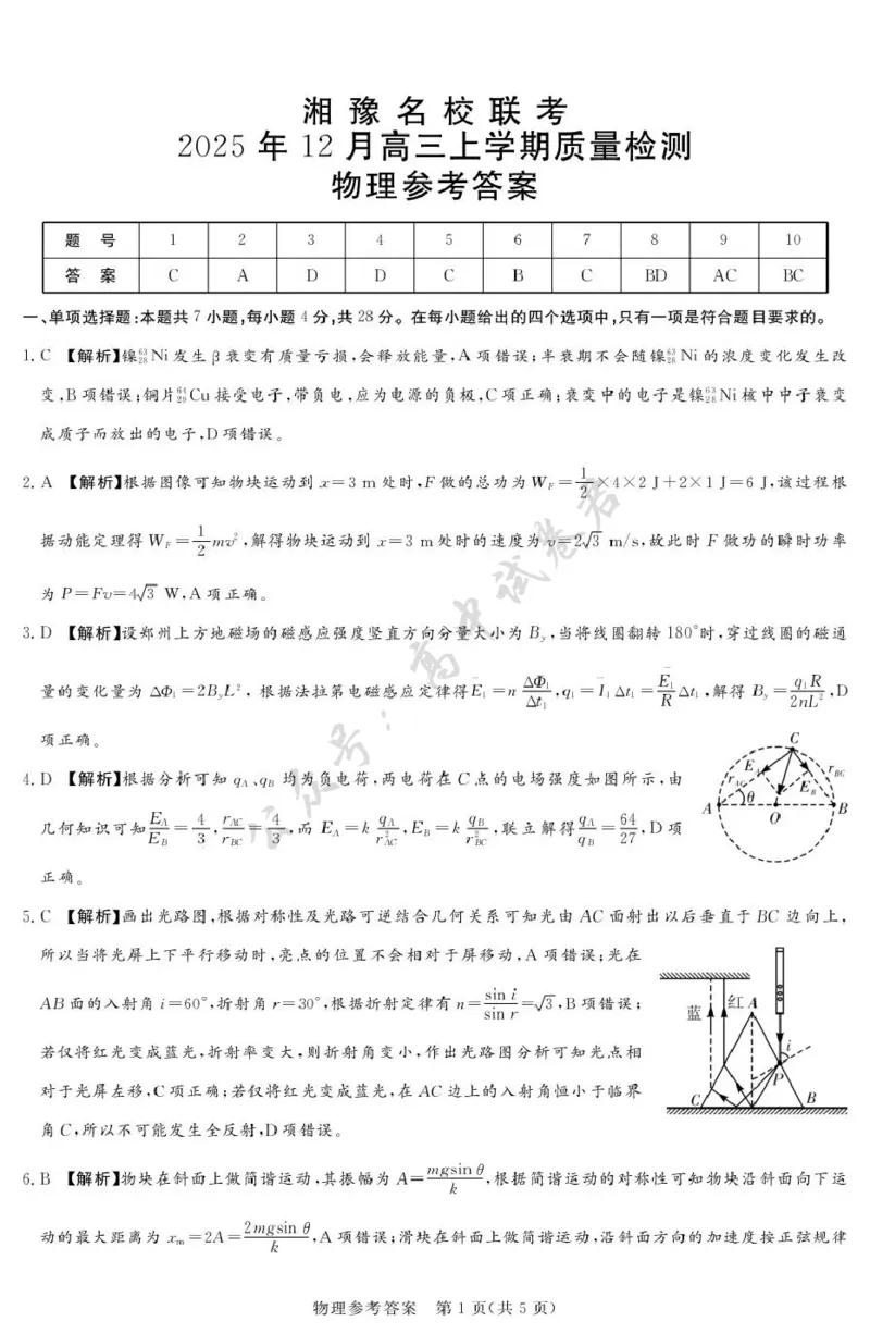 湘豫名校联考2025-2026学年高三上学期12月月考物理答案_2024-2026高三（6-6月题库）_2025年12月高三试卷_251225河南省湘豫名校联考2025年12月高三上学期质量检测（全科）