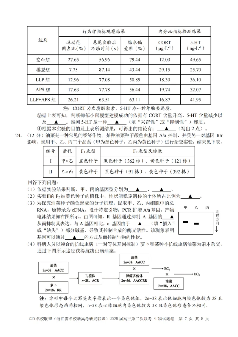 生物卷-2412Z20名校联盟2025届高三第二次联考_2024-2025高三（6-6月题库）_2024年12月试卷_1218浙江省Z20名校联盟（名校新高考研究联盟）2024-2025学年高三上学期第二次联考