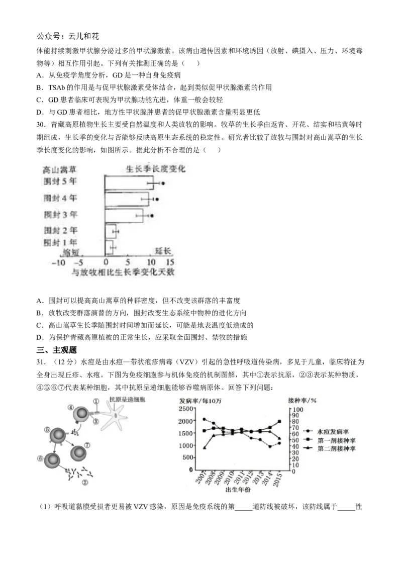 陕西省宝鸡市金台区宝鸡中学2024-2025学年高二上学期10月月考生物试题_2024-2025高二（7-7月题库）_2024年10月试卷_1024陕西省宝鸡中学2024-2025学年高二上学期10月月考
