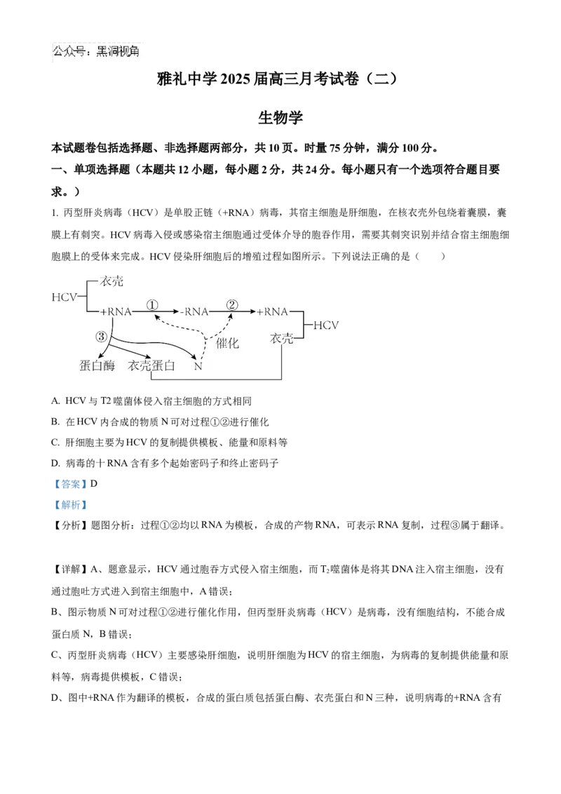 湖南省长沙市雅礼中学2025届高三上学期月考（二）生物试题答案_2024-2025高三（6-6月题库）_2024年10月试卷_1015湖南省长沙市雅礼中学2025届高三上学期月考（二）