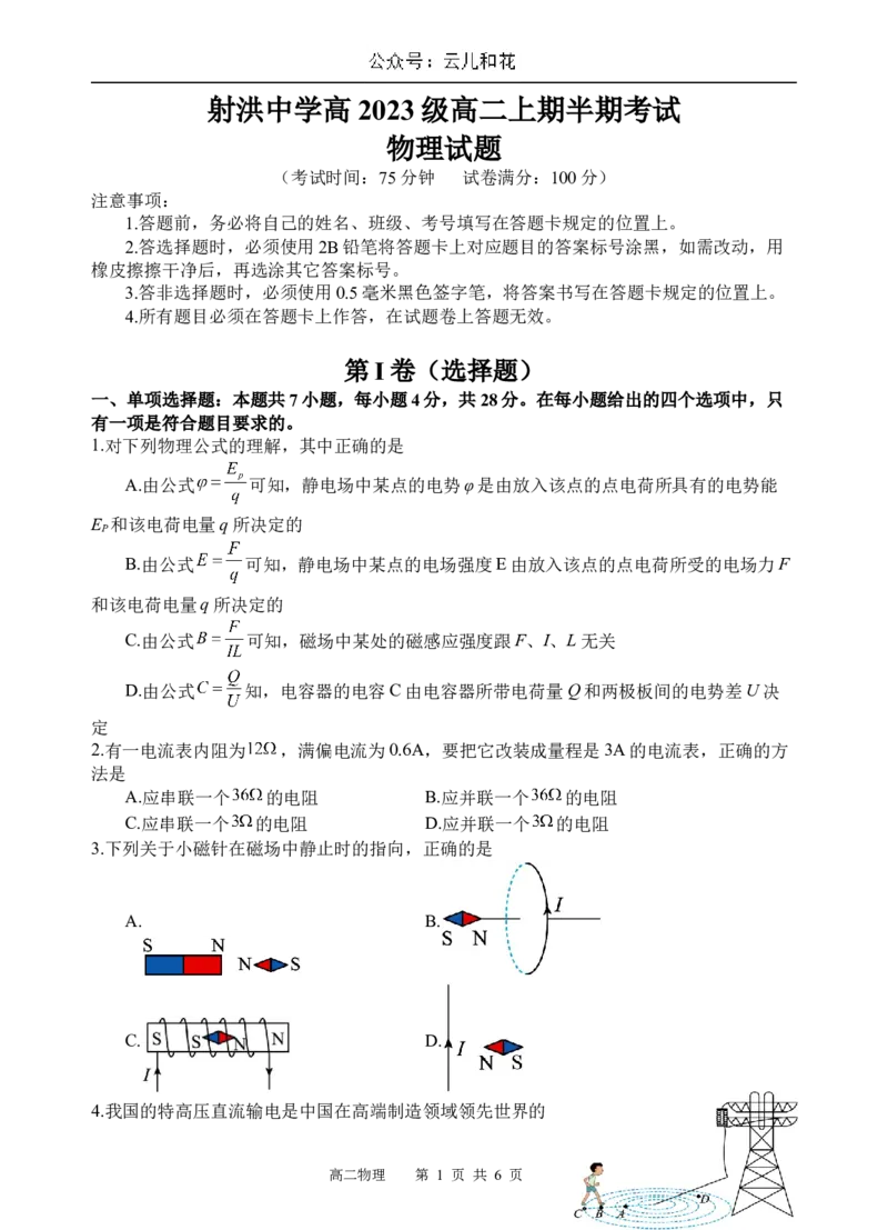 物理试题_2024-2025高二（7-7月题库）_2024年12月试卷_1202四川省遂宁市射洪中学2024-2025学年高二上学期期中考试_四川省遂宁市射洪中学2024-2025学年高二上学期期中考试物理试题（含答案）