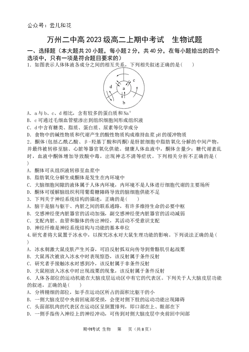 生物试卷_2024-2025高二（7-7月题库）_2024年11月试卷_1127重庆市万州二中2024-2025学年高二上学期期中考试_重庆市万州二中2024-2025学年高二上学期期中考试生物试题（含答案）