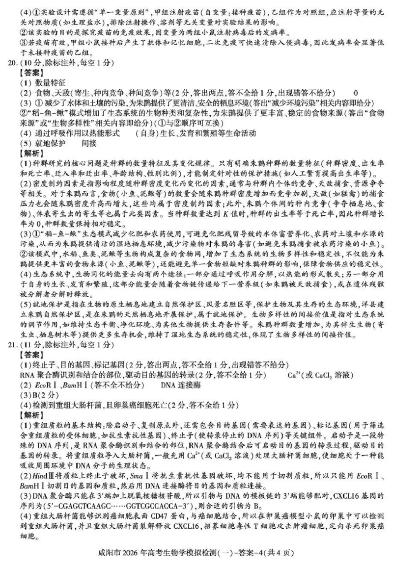 咸阳市2026年高考模拟检测（一）生物答案_2024-2026高三（6-6月题库）_2026年01月高三试卷_0110陕西省咸阳市2026年高考模拟检测（一）（全）