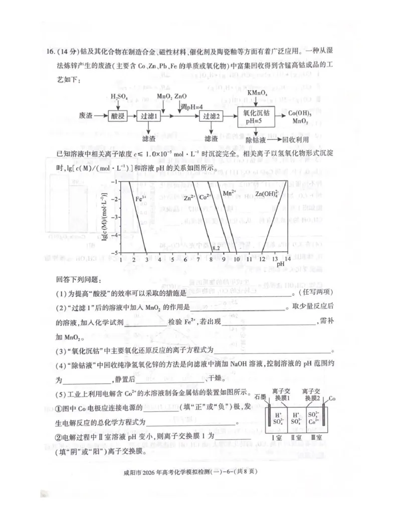 咸阳市2026年高考模拟检测（一）化学_2024-2026高三（6-6月题库）_2026年01月高三试卷_0110陕西省咸阳市2026年高考模拟检测（一）（全）