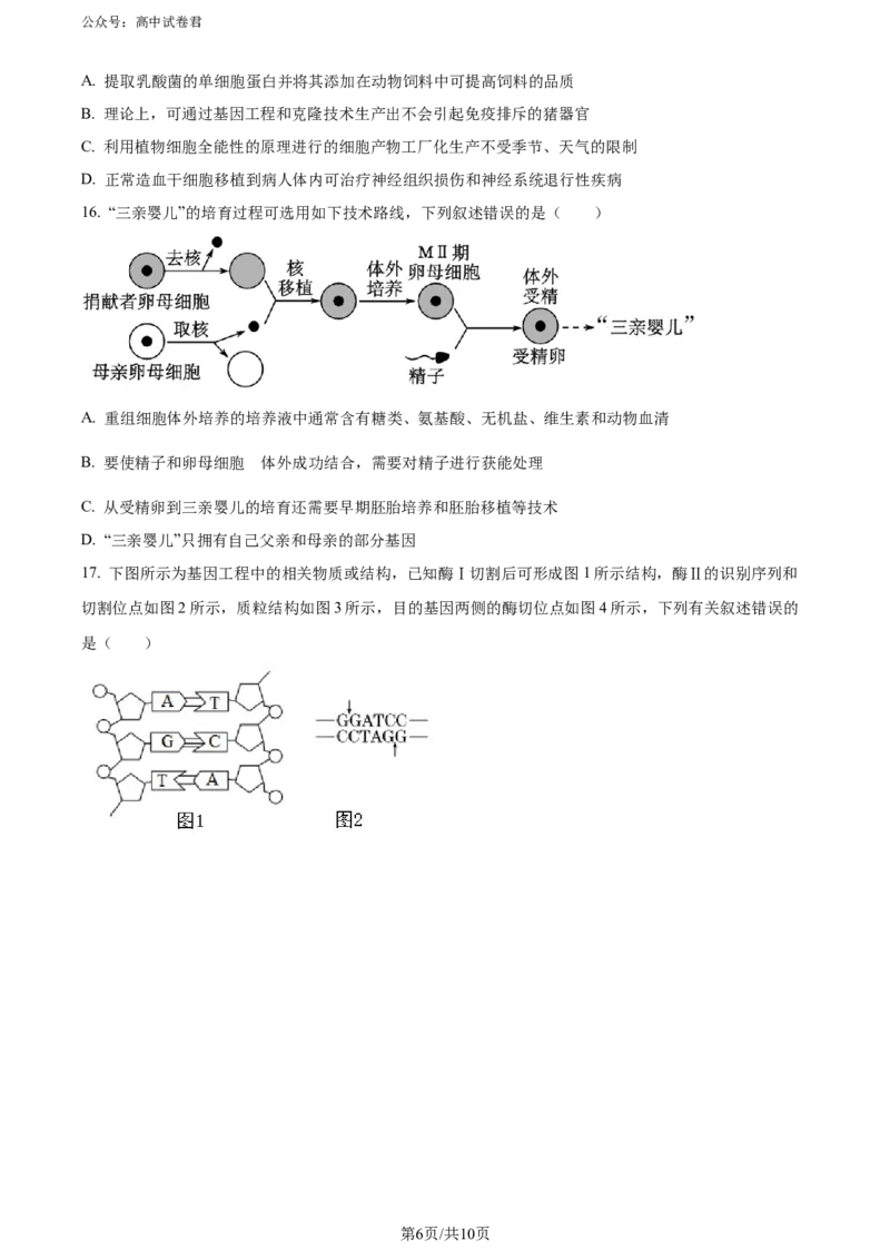 精品解析：湖北省2023-2024学年高二下学期7月期末考试生物试题（原卷版）_2024-2025高三（6-6月题库）_2024年07月试卷_湖北省2023-2024学年高二下学期7月期末考试生物试题