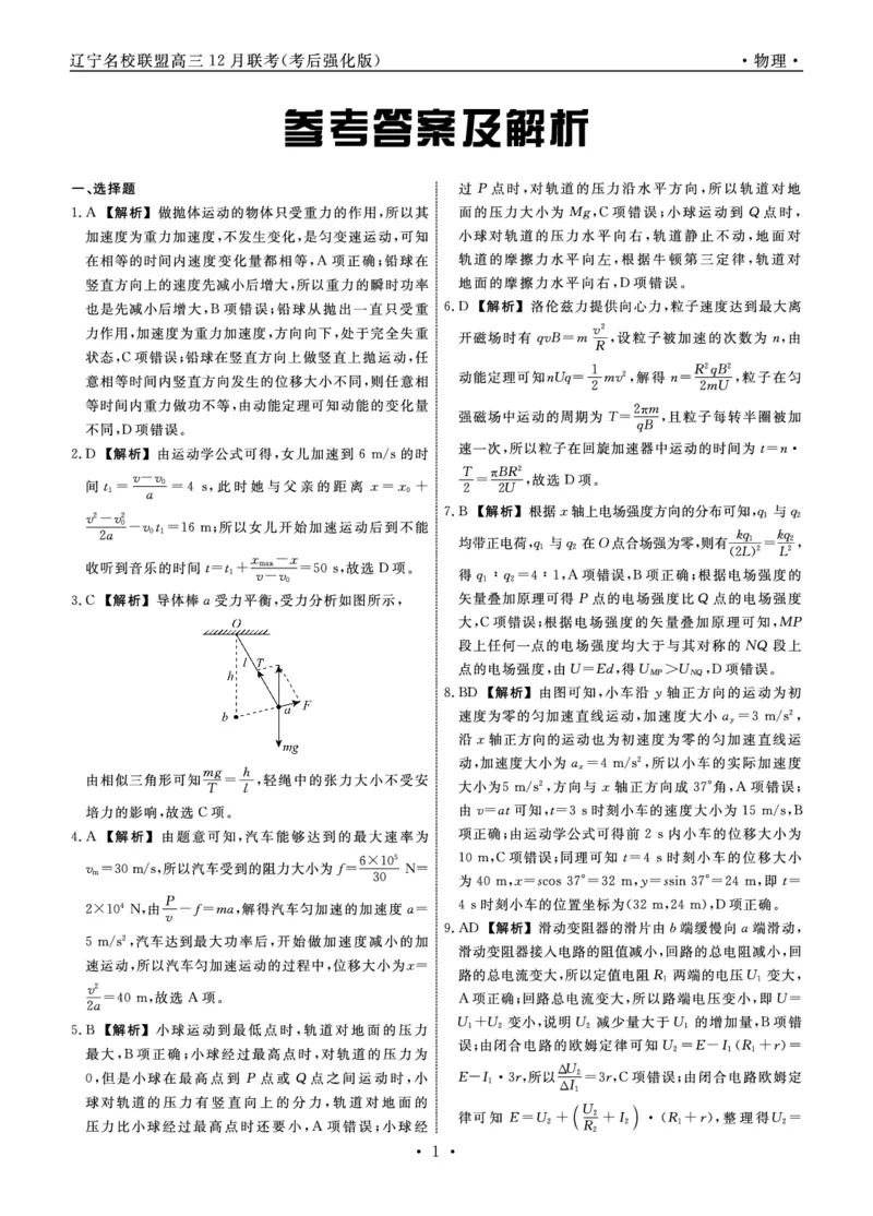 物理2024年辽宁高三12月联考答案（考后强化版）_2024-2025高三（6-6月题库）_2024年12月试卷_1218辽宁名校联盟2024年高三12月联考（考后强化版）