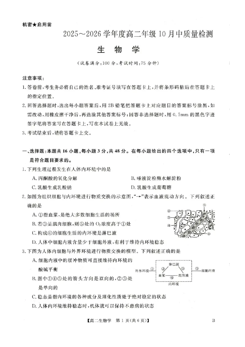 生物试卷-河南高二新未来联考2025-2026学年高二10月中质量检测_2025年10月高二试卷_251019河南省新未来联考2025-2026学年高二10月中质量检测
