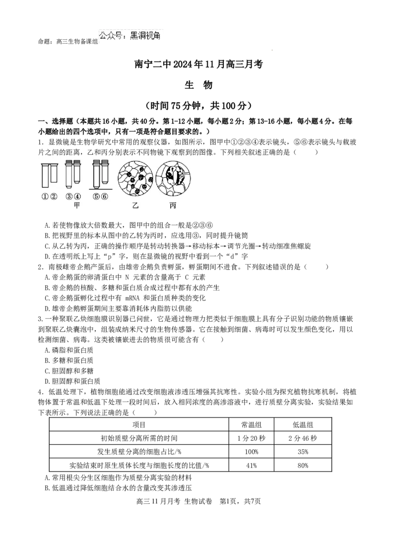 广西南宁市第二中学2024-2025学年高三上学期11月月考生物_2024-2026高三（6-6月题库）_2024年12月试卷_1207广西南宁市第二中学2024-2025学年高三上学期11月月考
