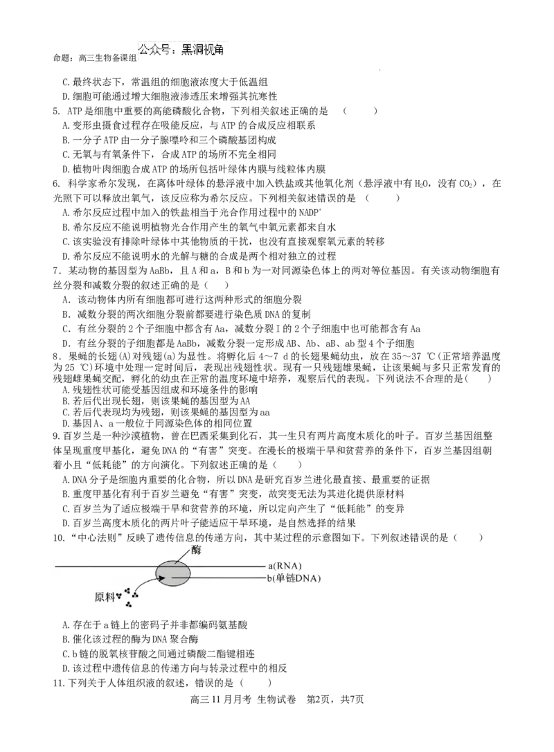 广西南宁市第二中学2024-2025学年高三上学期11月月考生物_2024-2026高三（6-6月题库）_2024年12月试卷_1207广西南宁市第二中学2024-2025学年高三上学期11月月考