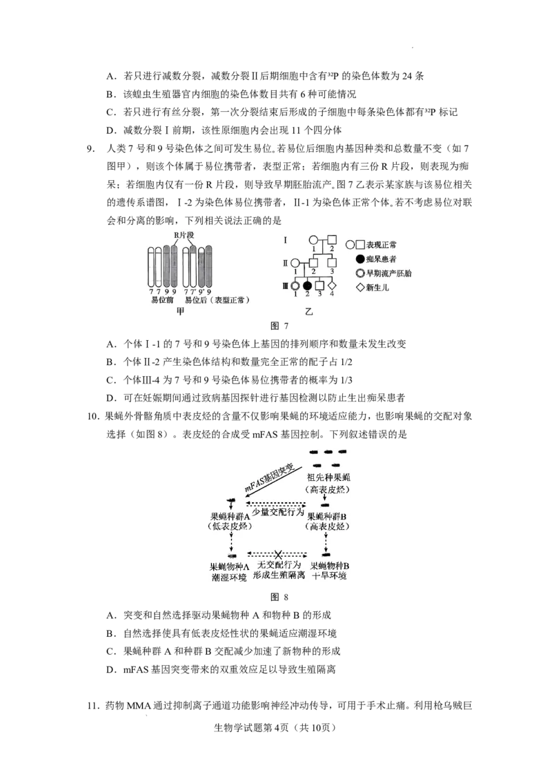 玉溪一中2025一2026学年上学期高三适应性测试（十）生物_2024-2026高三（6-6月题库）_2026年01月高三试卷_0103云南省玉溪一中2025一2026学年上学期高三适应性测试（十）