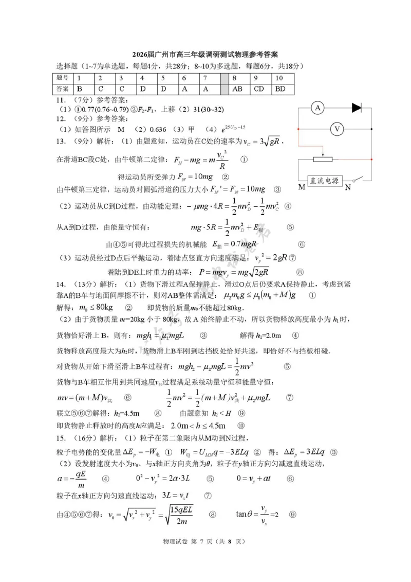 物理答案-2512广州零模_2024-2026高三（6-6月题库）_2025年12月高三试卷_251225广东省广州市2026届高三年级上学期12月调研测试（广州零模）（全科）