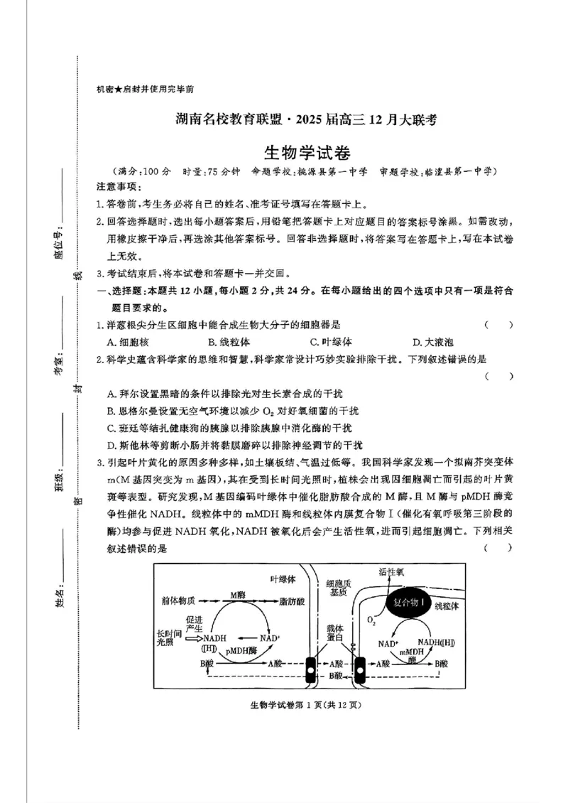 湖南省名校教育联盟&middot;2025届高三12月大联考生物_2024-2025高三（6-6月题库）_2024年12月试卷_1222湖南省名校教育联盟&middot;2025届高三12月大联考（全科）