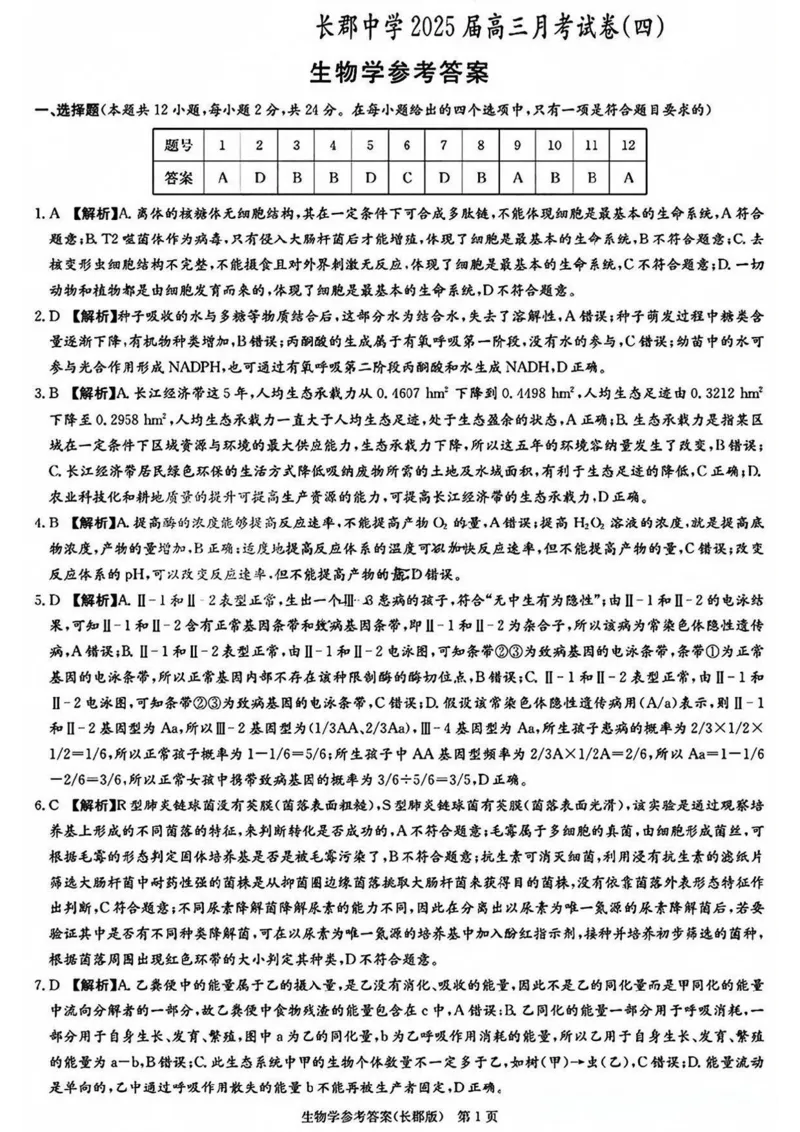 湖南省长沙市长郡中学2024-2025学年高三上学期月考卷（四）生物试卷+答案_2024-2025高三（6-6月题库）_2024年12月试卷_1231湖南省长郡中学2025届高三上学期月考试卷（四）（全科）