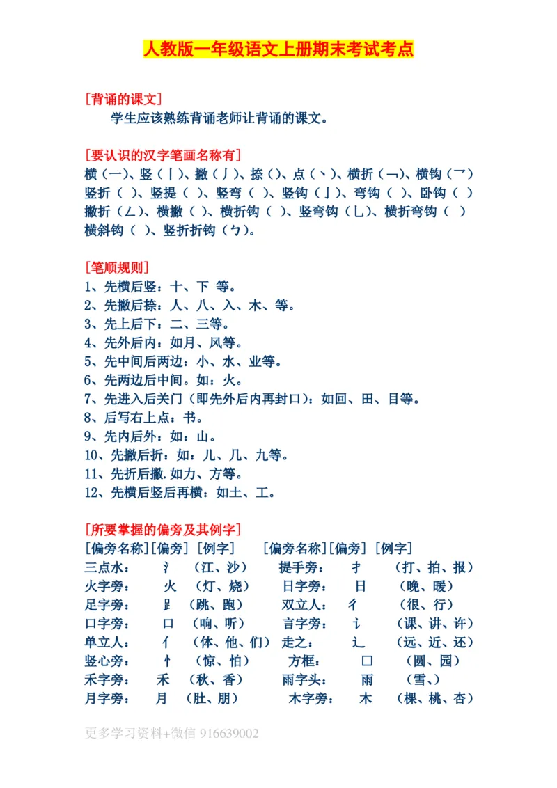 人教版一年级语文上册期末考试考点汇总_小学1-6年级全部试卷_语文_一年级_3-6-1、小学一年级语文上册_3-6-1-1、复习、知识点、归纳汇总_人教版