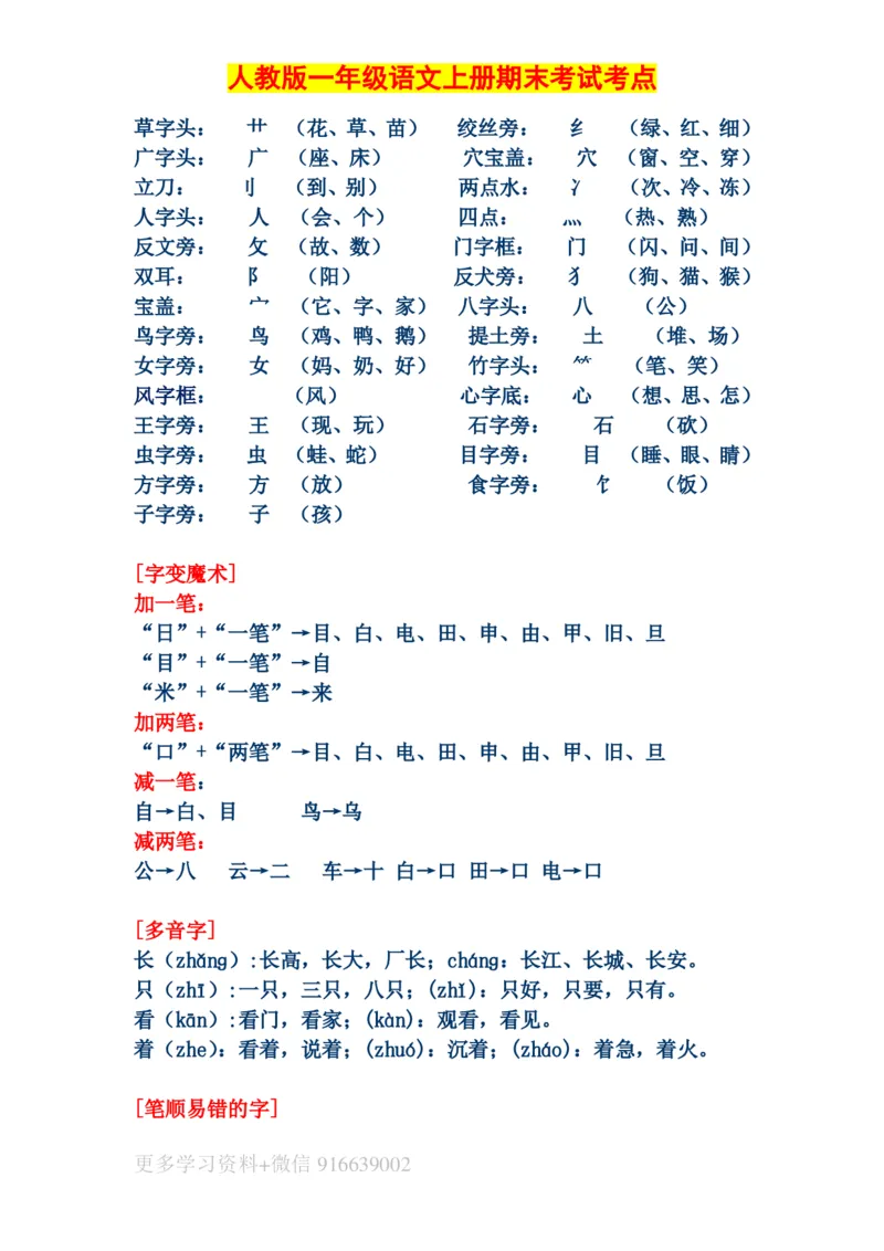 人教版一年级语文上册期末考试考点汇总_小学1-6年级全部试卷_语文_一年级_3-6-1、小学一年级语文上册_3-6-1-1、复习、知识点、归纳汇总_人教版