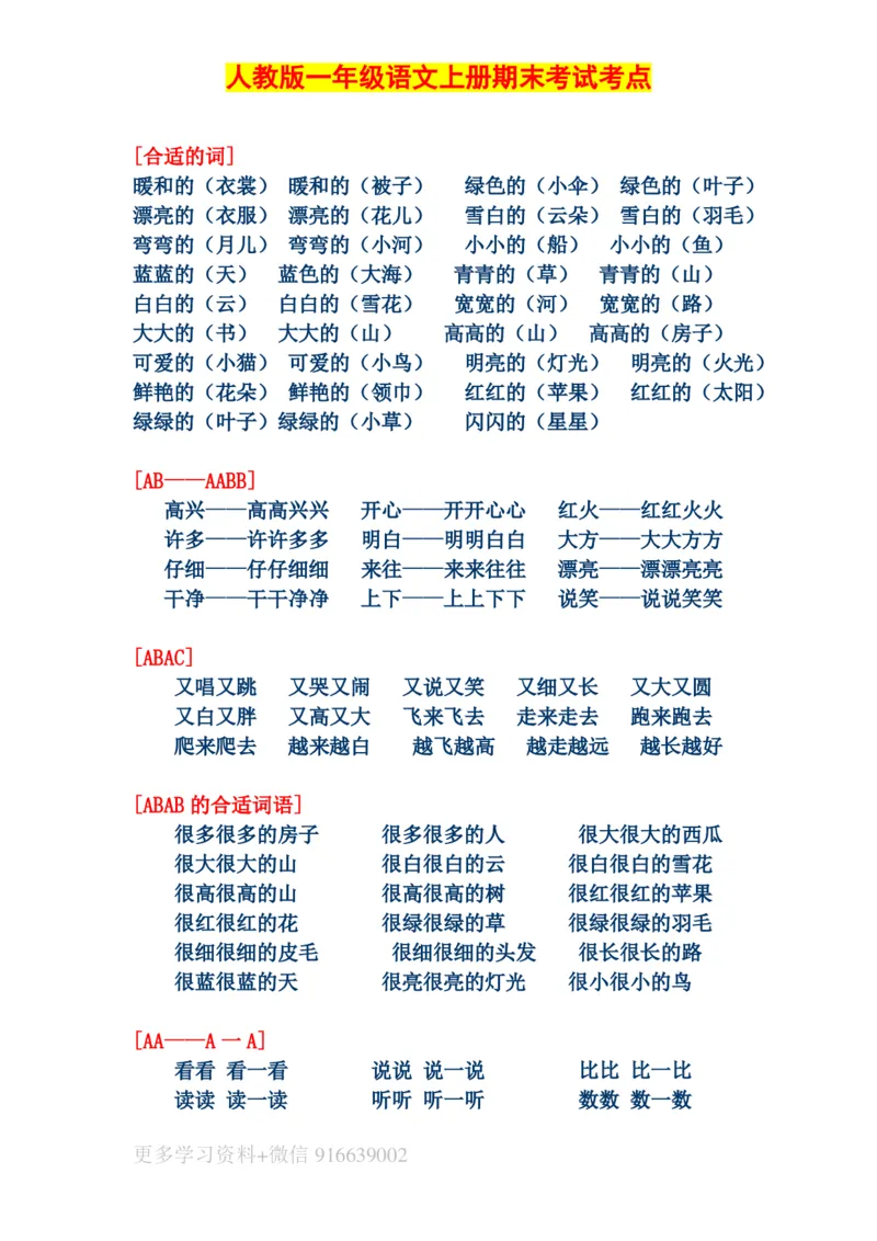 人教版一年级语文上册期末考试考点汇总_小学1-6年级全部试卷_语文_一年级_3-6-1、小学一年级语文上册_3-6-1-1、复习、知识点、归纳汇总_人教版