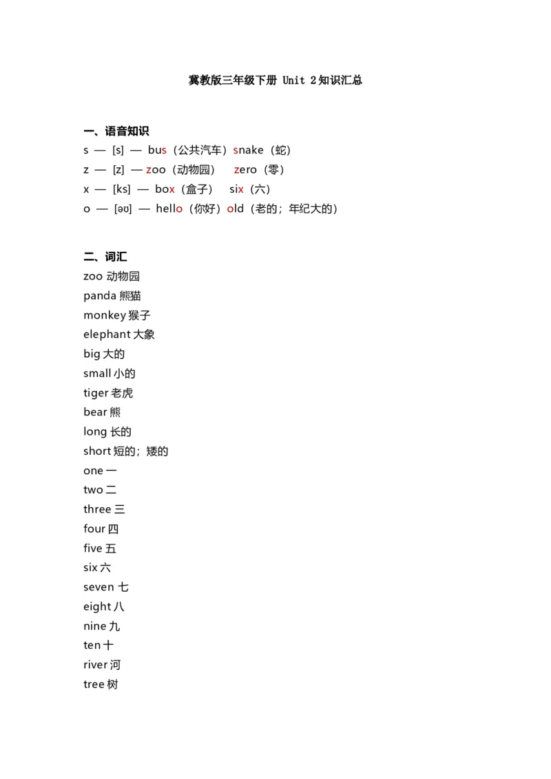 冀教版三年级下册Unit2知识汇总_小学1-6年级全部试卷_英语_三年级_3-8-6、小学三年级英语下册_3-8-6-1、复习、知识点、归纳汇总_冀教版