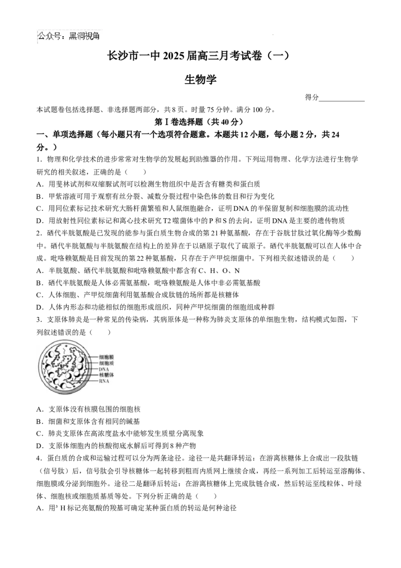 湖南省长沙市第一中学2024-2025学年高三上学期月考卷（一）生物试题+答案_2024-2025高三（6-6月题库）_2024年08月试卷_0830湖南省长沙市第一中学2025届高三上学期月考卷（一）