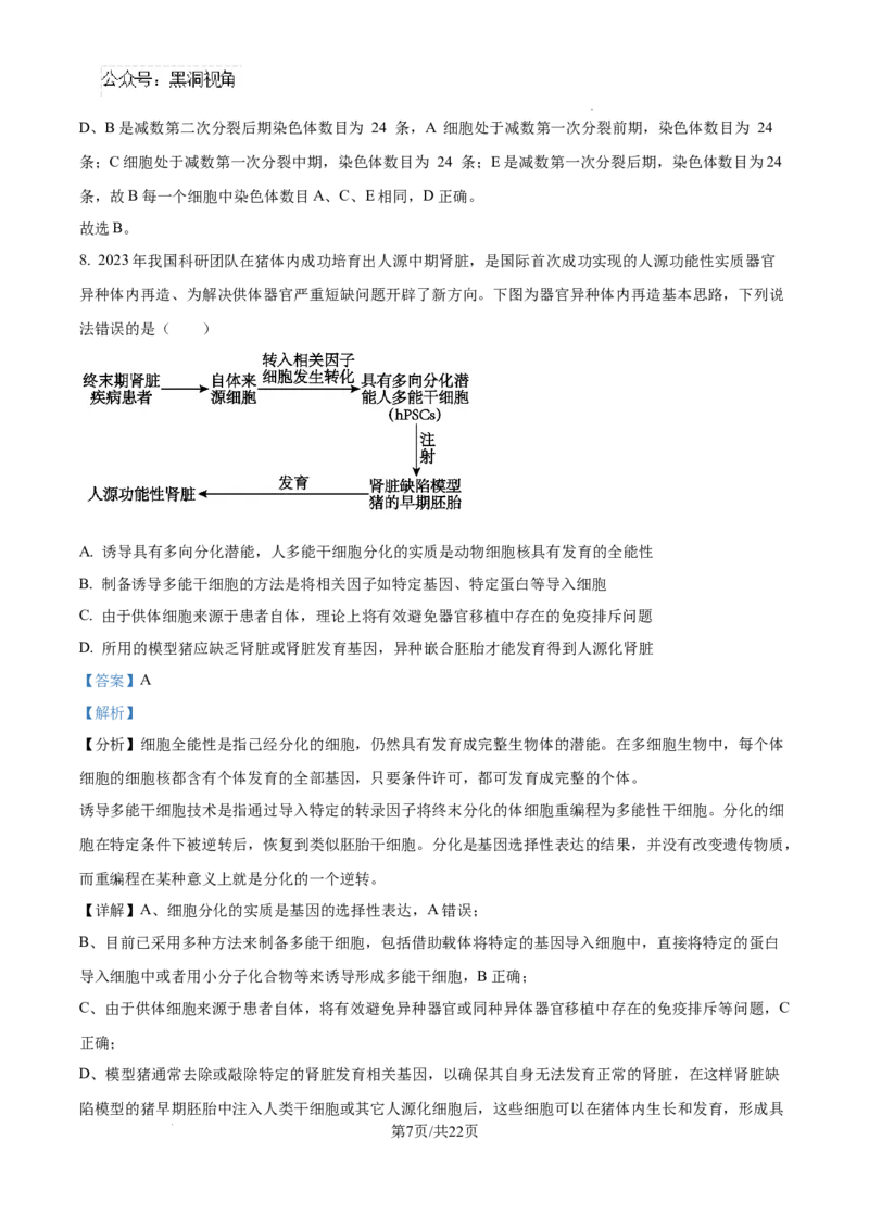 生物试卷（解析版）_2024-2025高三（6-6月题库）_2024年08月试卷_0823湖南省湖南天壹名校联盟2025届高三8月入学联考考试_湖南省湖南天壹名校联盟2025届高三8月入学联考考试生物