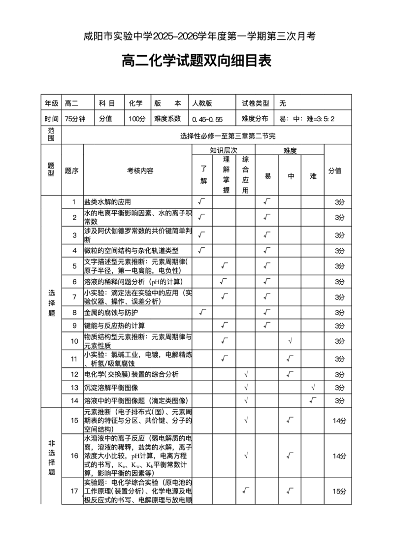 陕西省咸阳市实验中学2025-2026学年高二上学期第三次质量检测化学试卷含答案_2024-2025高二（7-7月题库）_2026年1月高二