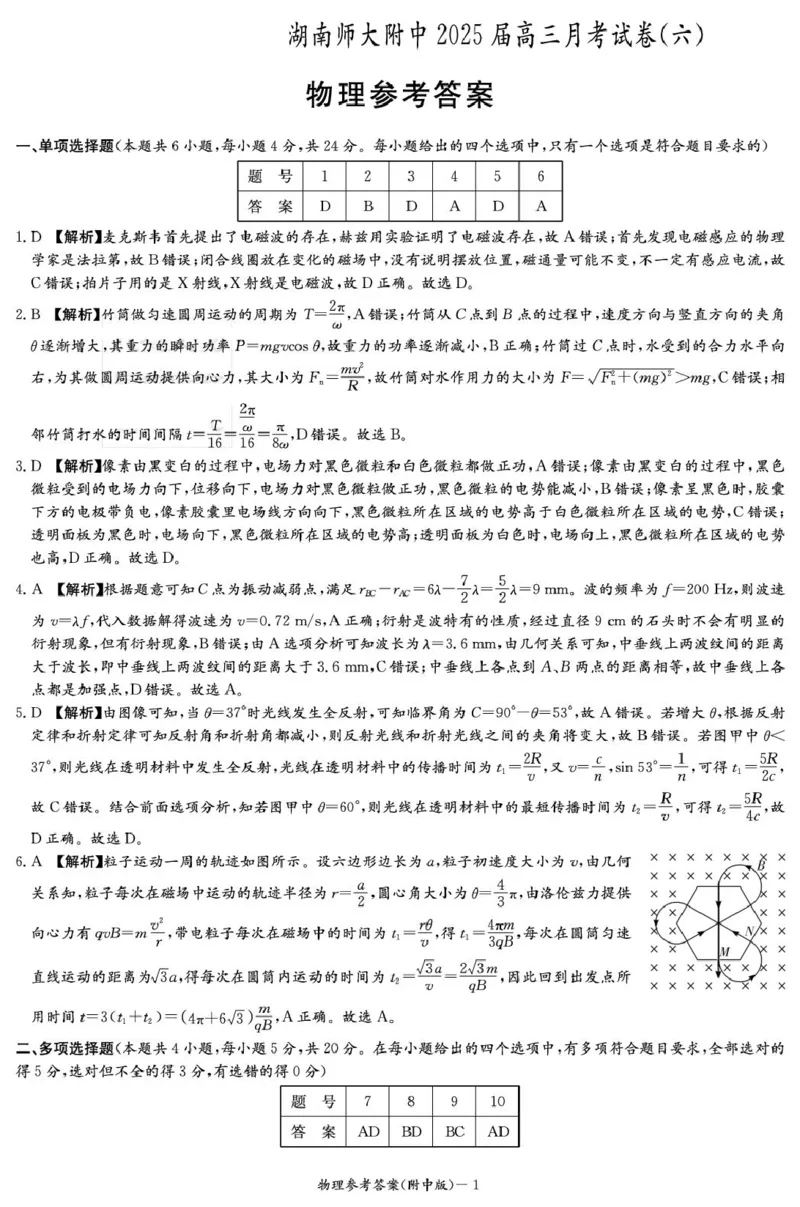 物理答案（附中6次_2024-2025高三（6-6月题库）_2025年03月试卷_0305湖南省长沙市湖南师范大学附属中学2024-2025学年高三下学期月考试卷（六）