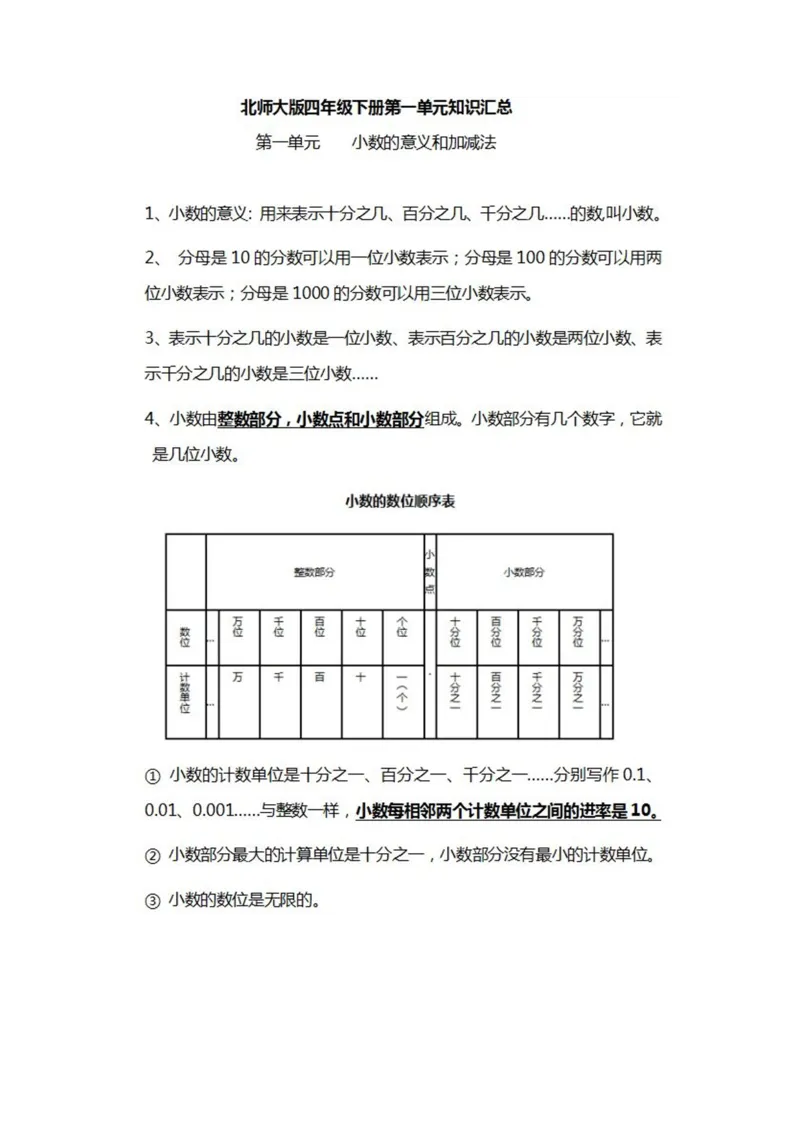 北师大数学四年级下册知识汇总_小学1-6年级全部试卷_数学_四年级_3-9-4、小学四年级数学下册_3-9-4-1、复习、知识点、归纳汇总_北师大版