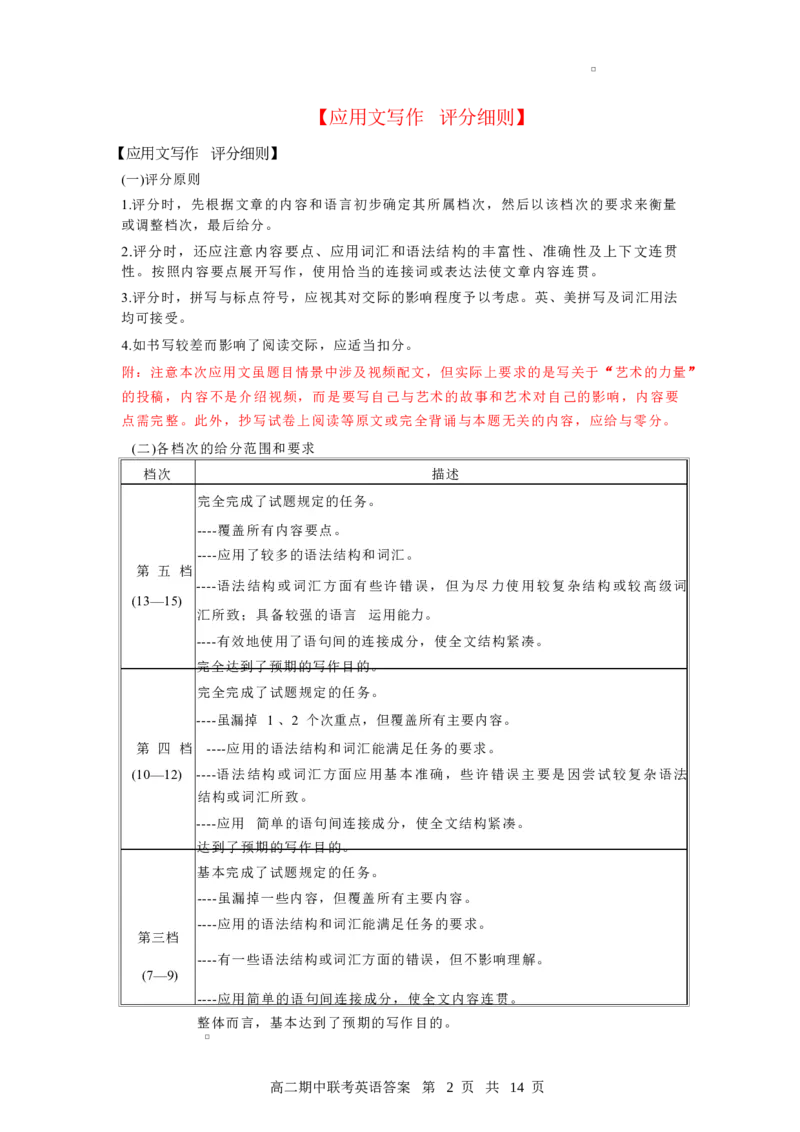 高二期中英语答案及评分细则_2024-2025高二（7-7月题库）_2025年05月试卷_0501湖北省云学名校联盟2024-2025学年高二下学期4月期中联考