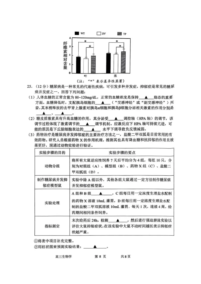 生物试卷_2024-2025高三（6-6月题库）_2024年11月试卷_1109浙江省湖州市、衢州市、丽水市2024-2025学年高三上学期11月教学质量检测_湖丽衢三地市11月生物