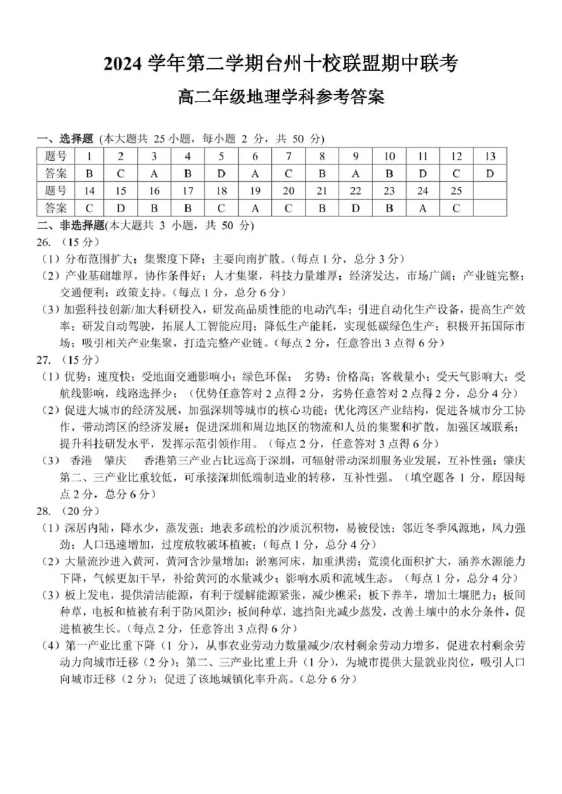 高二地理答案_2024-2025高二（7-7月题库）_2025年05月试卷_0503浙江省台州市十校2024-2025学年高二下学期4月期中考试