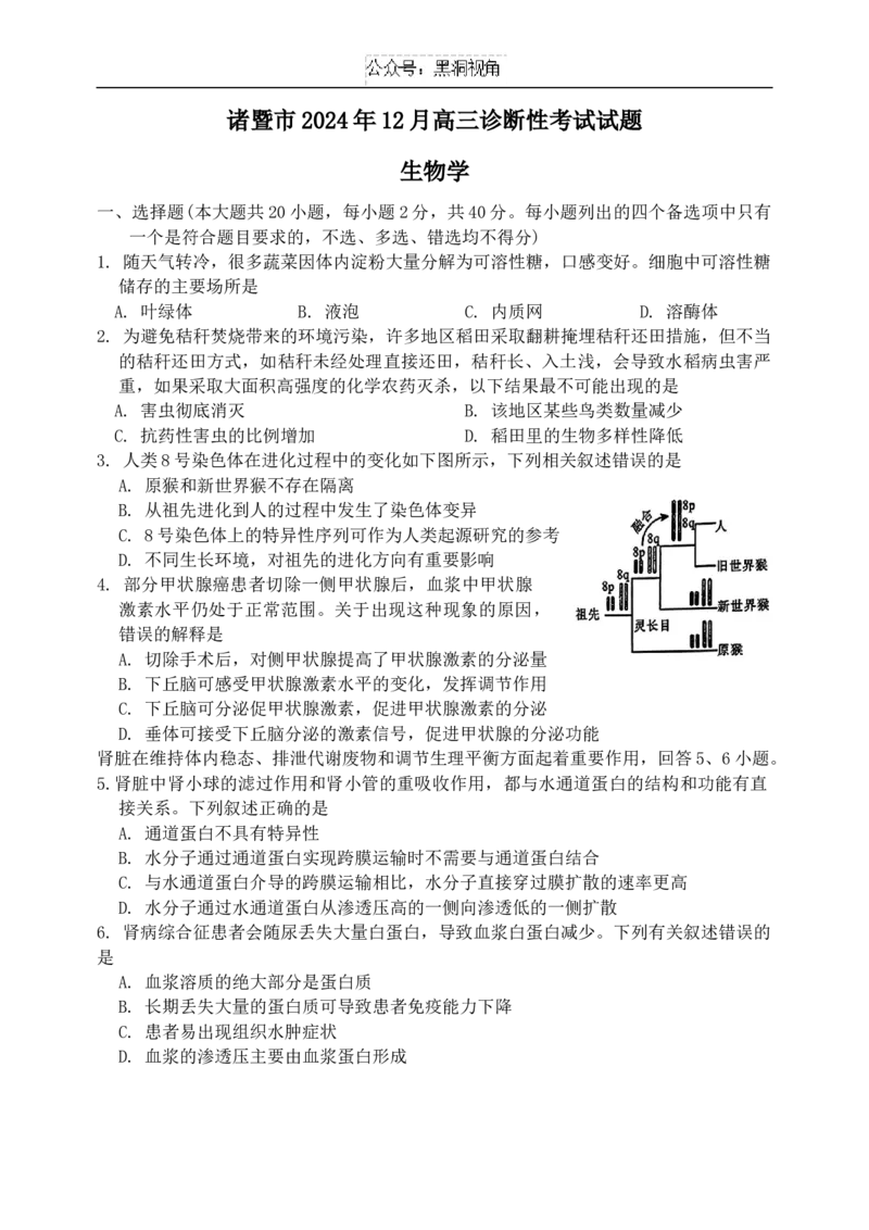 诸暨市高三诊断性考试生物试题_2024-2025高三（6-6月题库）_2024年12月试卷_1210浙江省绍兴市诸暨市2025届高三上学期12月诊断性考试（一模）