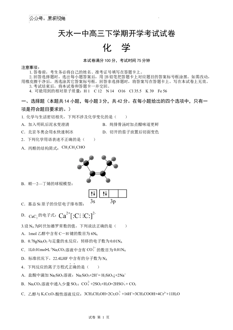 甘肃省天水市第一中学2024-2025学年高三下学期开学化学试题_2024-2025高三（6-6月题库）_2025年02月试卷_0222甘肃省天水市第一中学2024-2025学年高三下学期开学考试