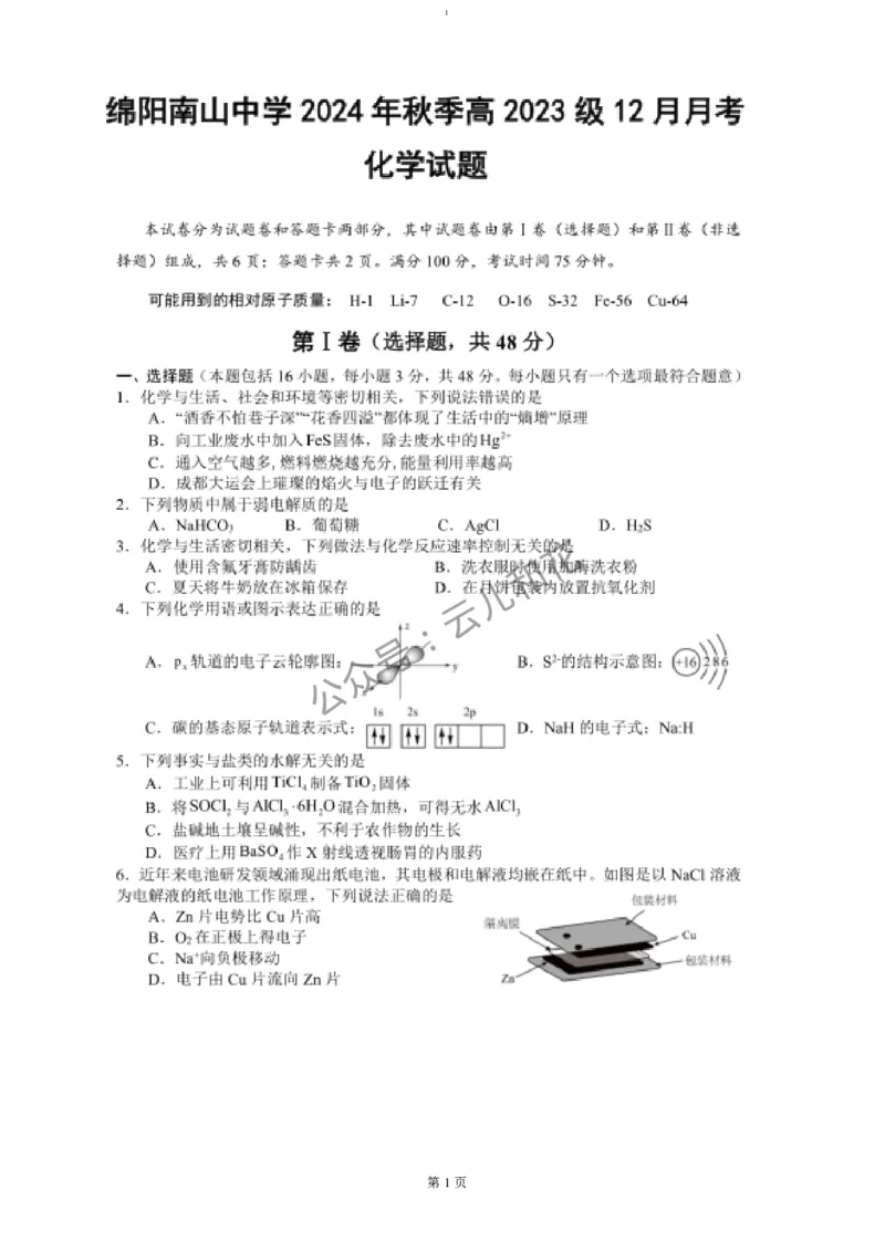 试题_2024-2025高二（7-7月题库）_2024年12月试卷_1227四川省绵阳市南山中学2024-2025学年高二上学期12月月考_四川省绵阳市南山中学2024-2025学年高二上学期12月月考化学试题（PDF版，含答案）