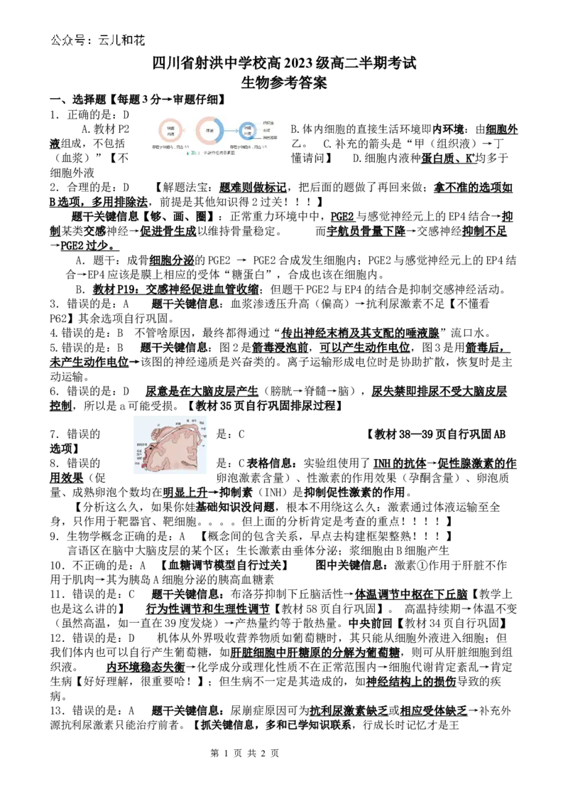 生物答案_2024-2025高二（7-7月题库）_2024年12月试卷_1202四川省遂宁市射洪中学2024-2025学年高二上学期期中考试_四川省遂宁市射洪中学2024-2025学年高二上学期期中考试生物试题（含答案）