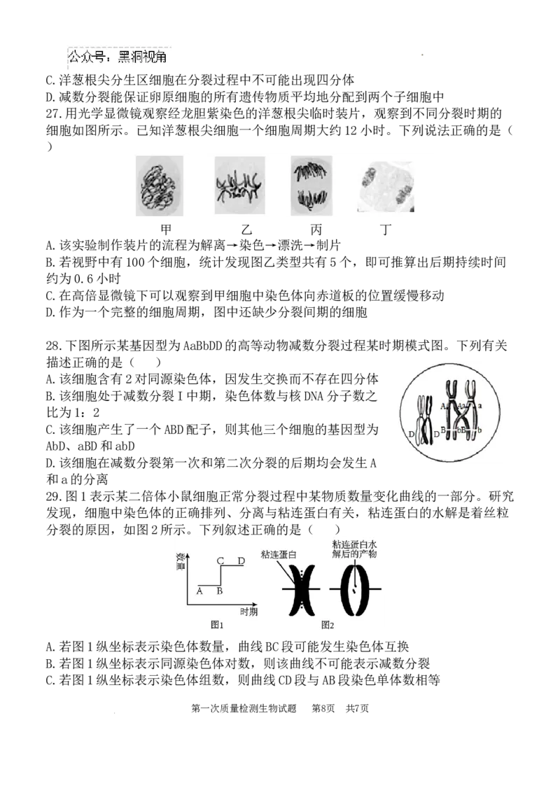 高2025届高三第一次质量检测-生物试题_2024-2025高三（6-6月题库）_2024年10月试卷_1007陕西省西安中学2024-2025学年高三上学期第一次质量检测_生物