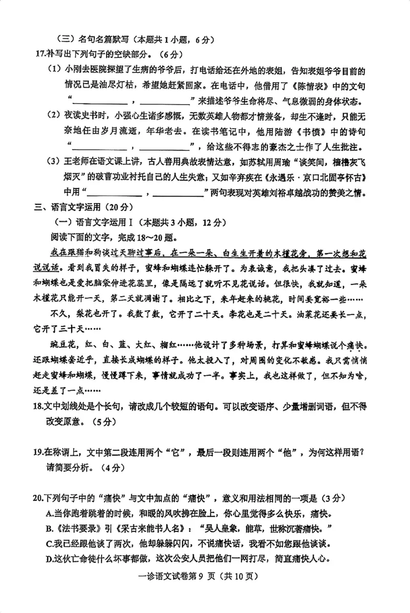 语文试卷_2024-2025高三（6-6月题库）_2024年12月试卷_1213四川省达州市普通高中2025届高三第一次诊断性测试（达州一诊）_语文