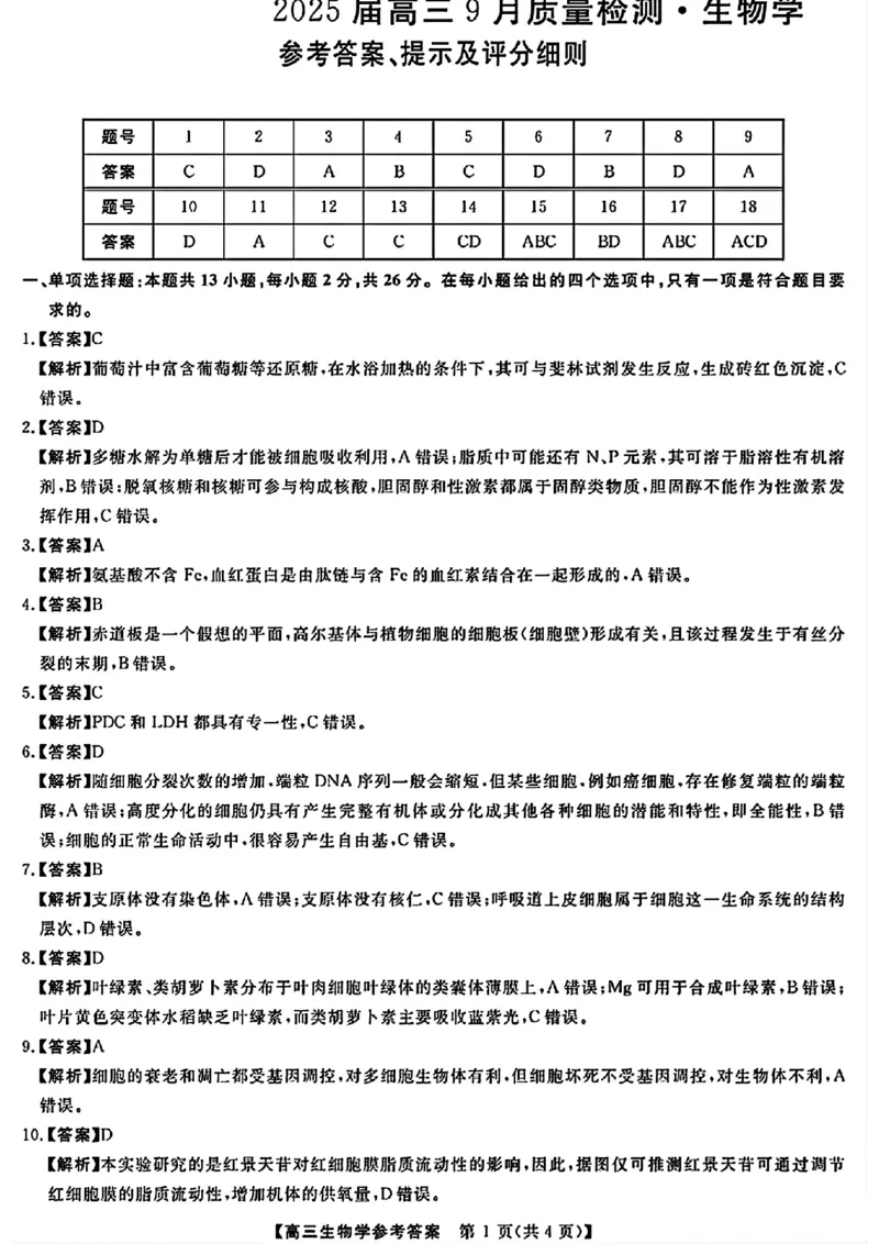 金科大联考&middot;2025届高三9月质量检测生物答案_2024-2025高三（6-6月题库）_2024年09月试卷_0930河北省金科大联考2025届高三9月质量检测_金科大联考&middot;2025届高三9月质量检测生物
