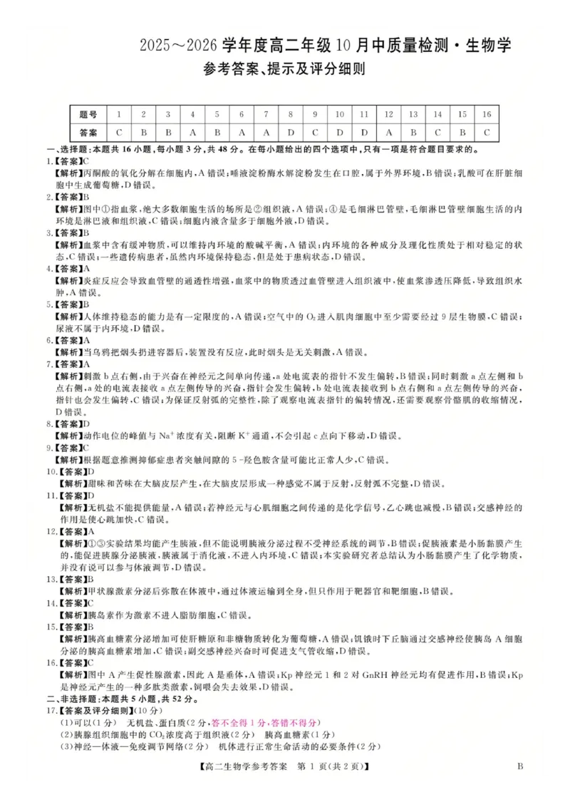 生物答案-河南高二新未来联考2025-2026学年高二10月中质量检测_2025年10月高二试卷_251019河南省新未来联考2025-2026学年高二10月中质量检测