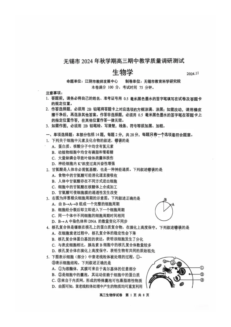 生物试卷2025届无锡高三期中统考_2024-2025高三（6-6月题库）_2024年11月试卷_1110江苏省无锡市2024-2025学年高三上学期期中教学质量调研测