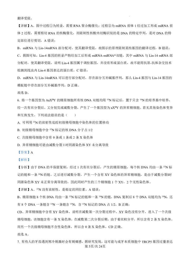 精品解析：山东省济南市第一中学2024-2025学年高三上学期10月月考生物试题（解析版）_2024-2025高三（6-6月题库）_2024年11月试卷_1101山东省济南市第一中学2024-2025学年高三上学期10月月考