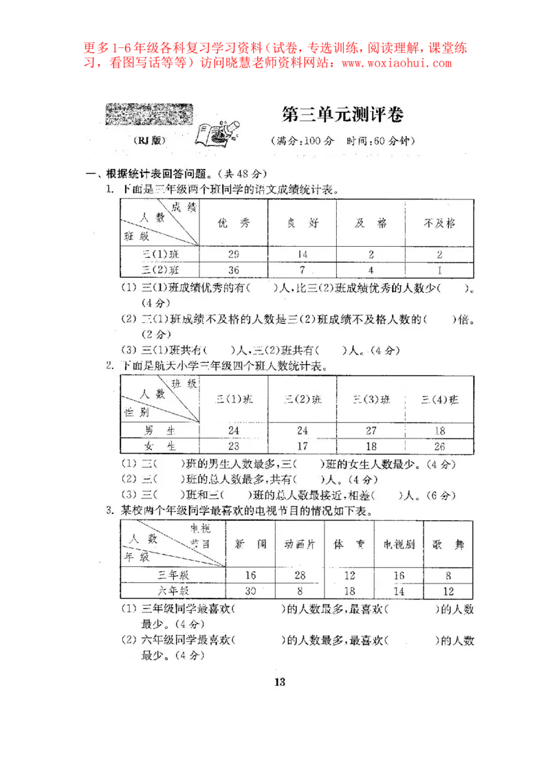 人教版数学3下期中复习试卷7套附答案_小学1-6年级全部试卷_数学_三年级_3-8-4、小学三年级数学下册_3-8-4-2、练习题、作业、试题、试卷_人教版_期中测试卷